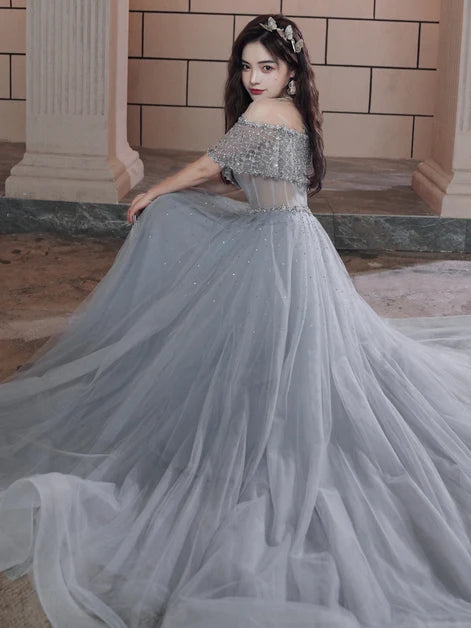 Grey Off The Shoulder Beaded Sheer Corset Tulle A Line Prom Dress