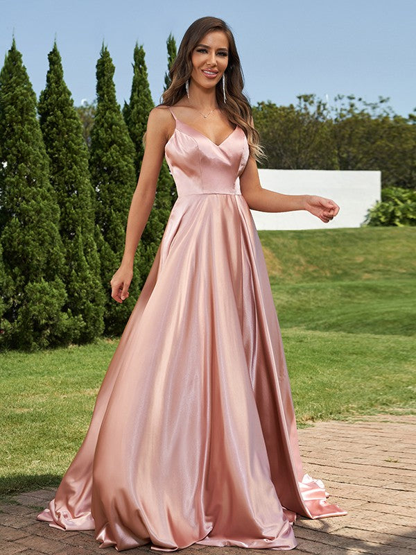 Weitese A-Line/Princess Silk like Satin Ruffles V-Neck Sleeveless Sweep/Brush Train Bridesmaid Dresses