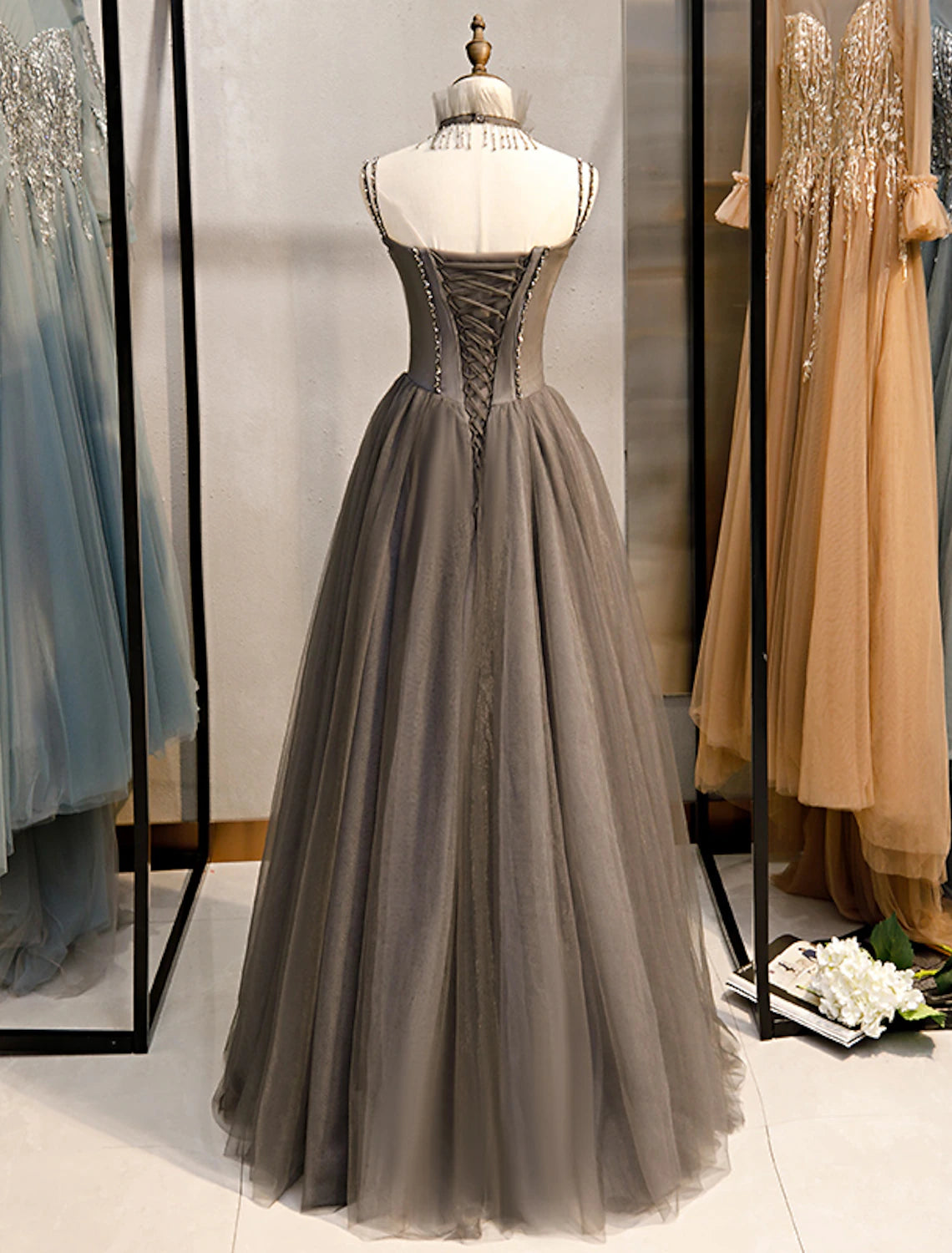 A-Line Evening Dresses Open Back Dress Formal Wedding Guest Floor Length Sleeveless Spaghetti Strap Tulle