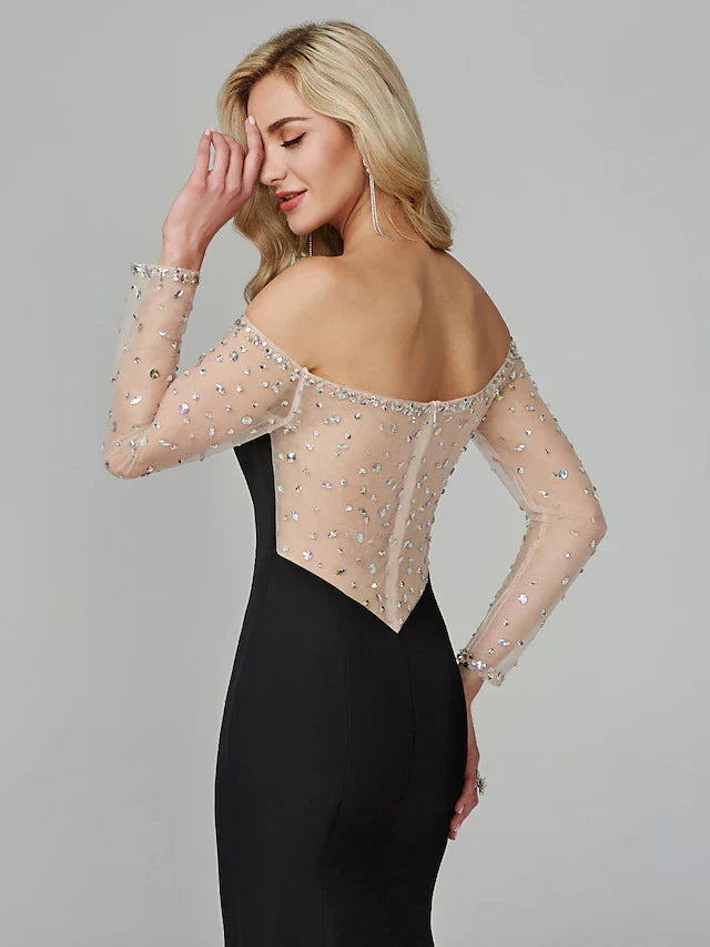 Evening Dress Holiday Floor Length Long Sleeve Off Shoulder Chiffon with Beading