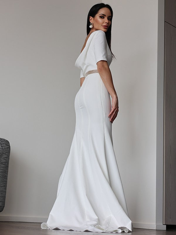 Ruched Scoop 1/2 Sleeves Sweep/Brush Train Wedding Dresses