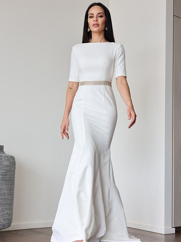 Ruched Scoop 1/2 Sleeves Sweep/Brush Train Wedding Dresses