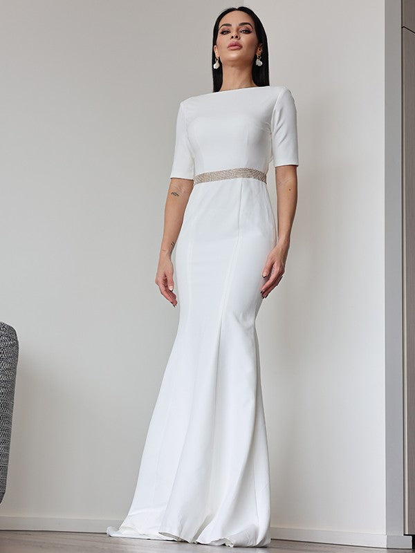 Ruched Scoop 1/2 Sleeves Sweep/Brush Train Wedding Dresses