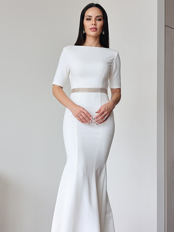 Ruched Scoop 1/2 Sleeves Sweep/Brush Train Wedding Dresses