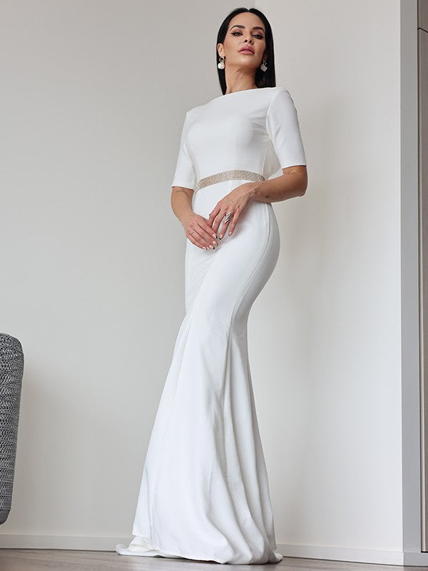 Ruched Scoop 1/2 Sleeves Sweep/Brush Train Wedding Dresses