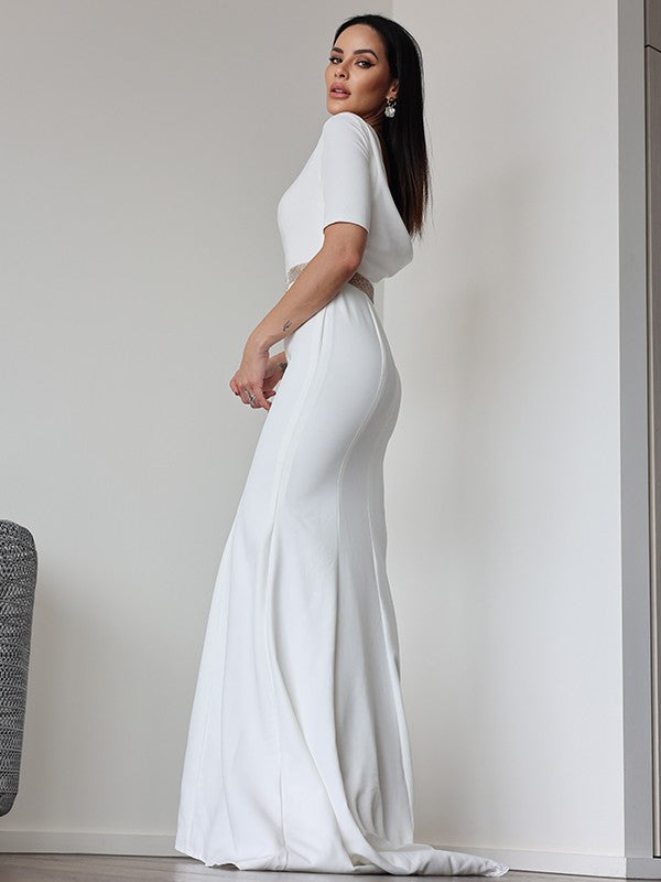 Ruched Scoop 1/2 Sleeves Sweep/Brush Train Wedding Dresses