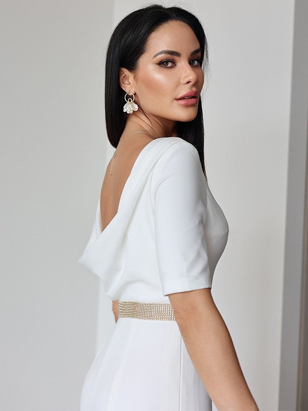 Ruched Scoop 1/2 Sleeves Sweep/Brush Train Wedding Dresses