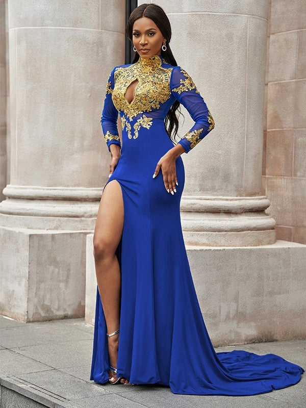 Applique Long Sleeves Jersey High Neck Sweep/Brush Train Dresses