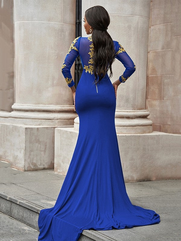 Applique Long Sleeves Jersey High Neck Sweep/Brush Train Dresses