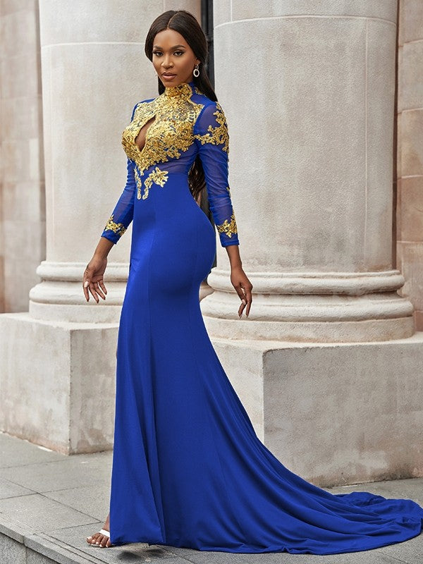 Applique Long Sleeves Jersey High Neck Sweep/Brush Train Dresses