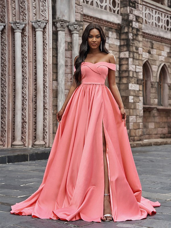 Satin Sleeveless Ruffles Off-the-Shoulder Court Train Dresses