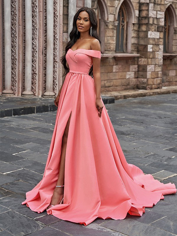 Satin Sleeveless Ruffles Off-the-Shoulder Court Train Dresses