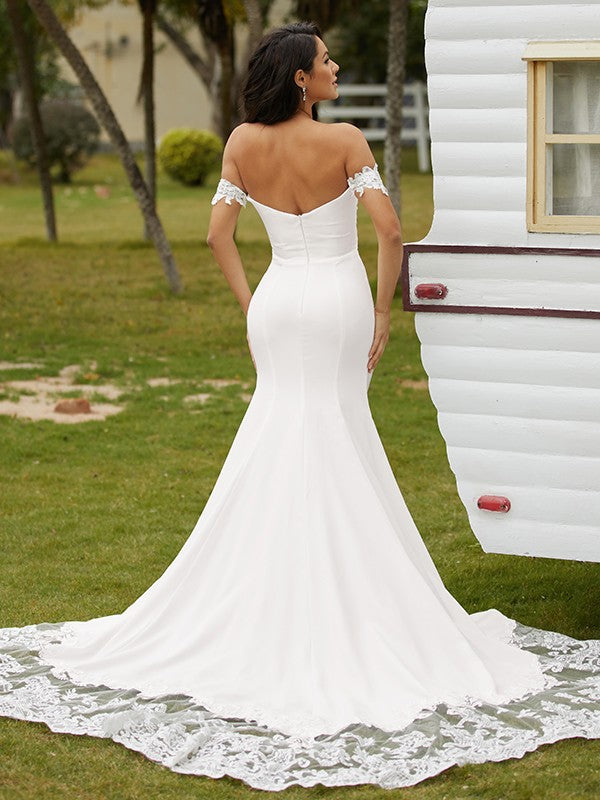 Lace Off-the-Shoulder Sleeveless Cathedral Train Wedding Dresses
