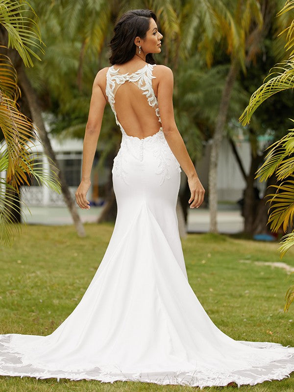 Lace Scoop Sleeveless Sweep/Brush Train Wedding Dresses