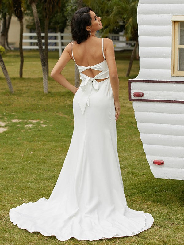 Ruched Spaghetti Straps Sleeveless Sweep/Brush Train Wedding Dresses