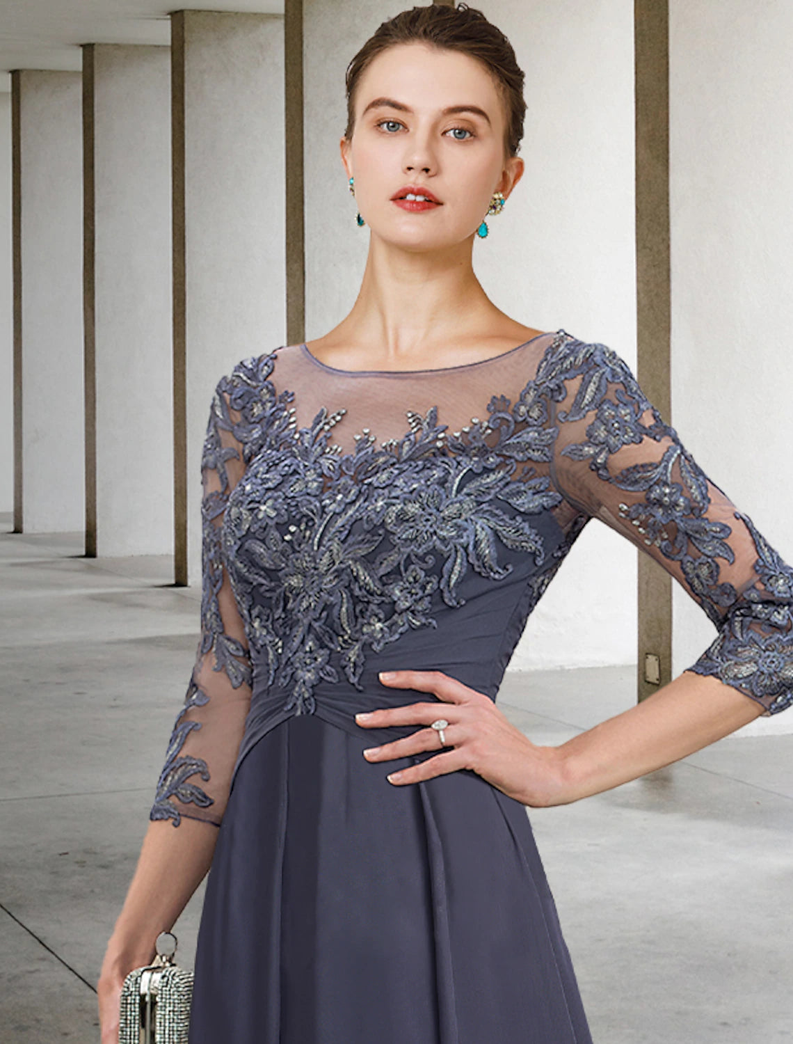 Robe mère de la mariée Weitese A-Line, grande taille, élégante, col rond, longueur cheville, mousseline, dentelle, paillettes, manches 3/4, froncée