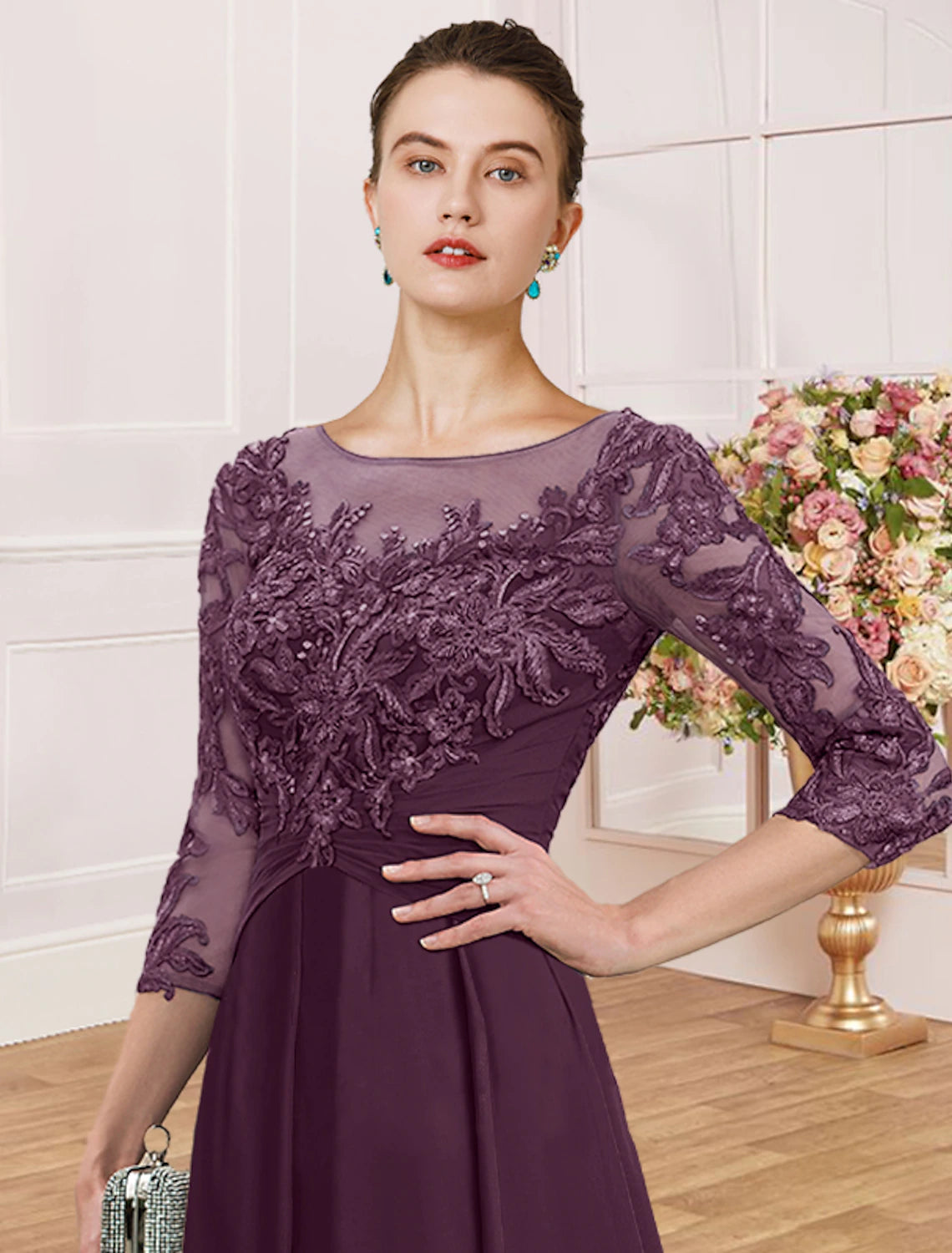 Weitese Sheath / Column Mother of the Bride Dress Wedding Guest Simple Elegant Jewel Neck Ankle Length Chiffon Lace 3/4 Length Sleeve with Pleats Sequin