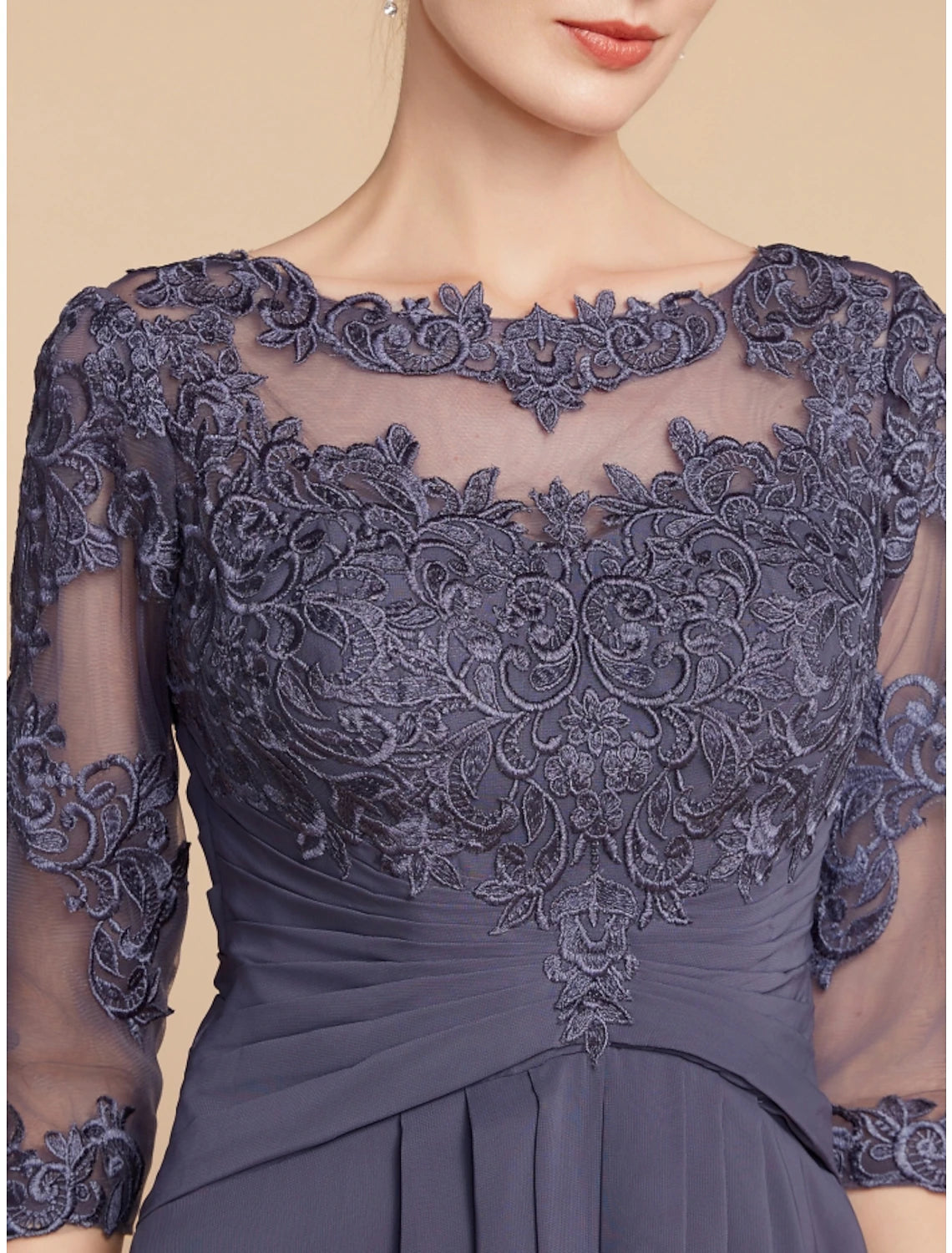 Weitese A-Line Mother of the Bride Dress Wedding Guest Elegant Scoop Neck Ankle Length Chiffon Lace 3/4 Length Sleeve with Ruching Solid Color
