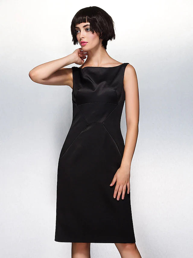 Sheath / Column Party Dress Wedding Guest Knee Length Sleeveless Bateau Neck Satin
