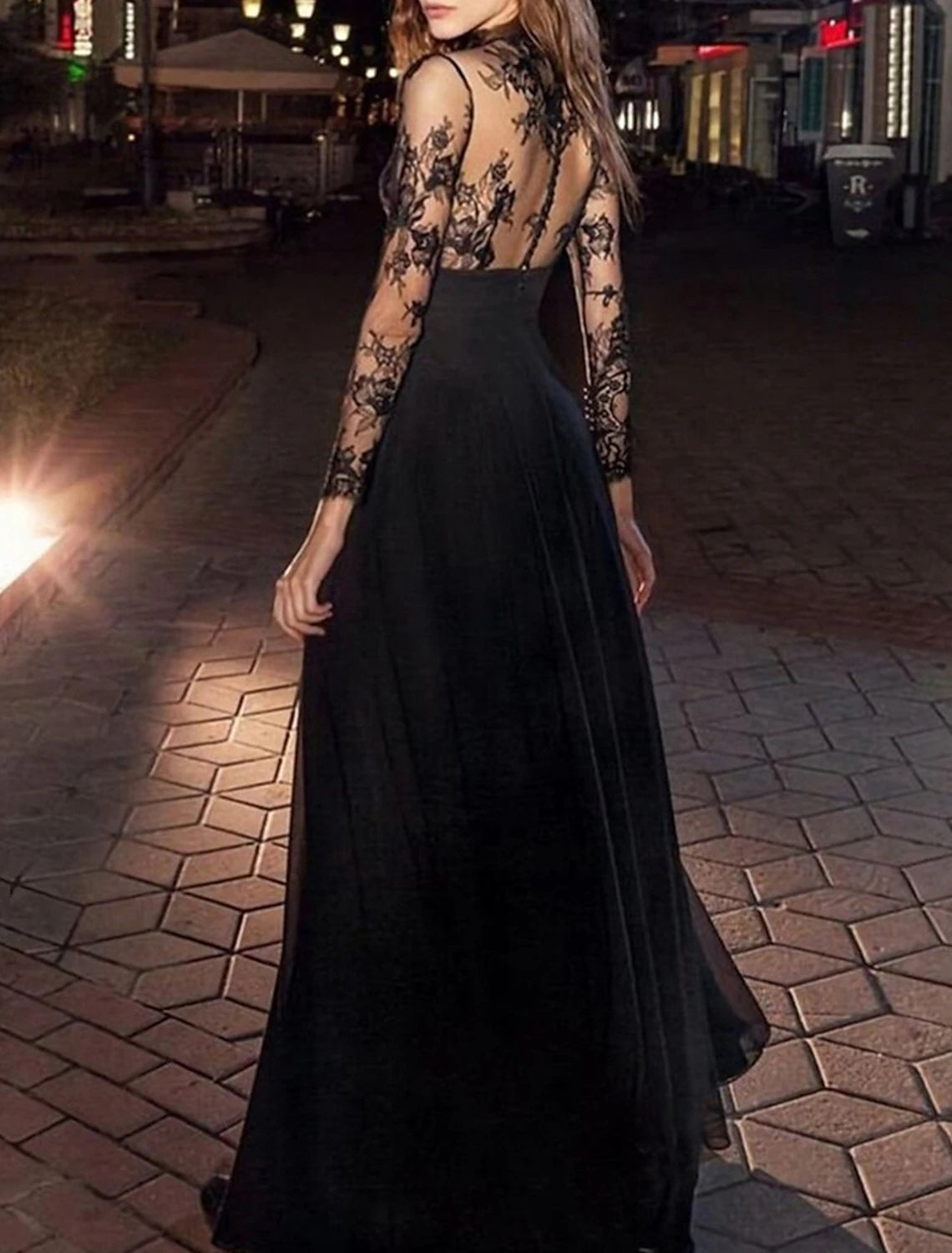 A-Line Evening Gown Vintage Dress Masquerade Floor Length Long Sleeve High Neck Black Dress Chiffon