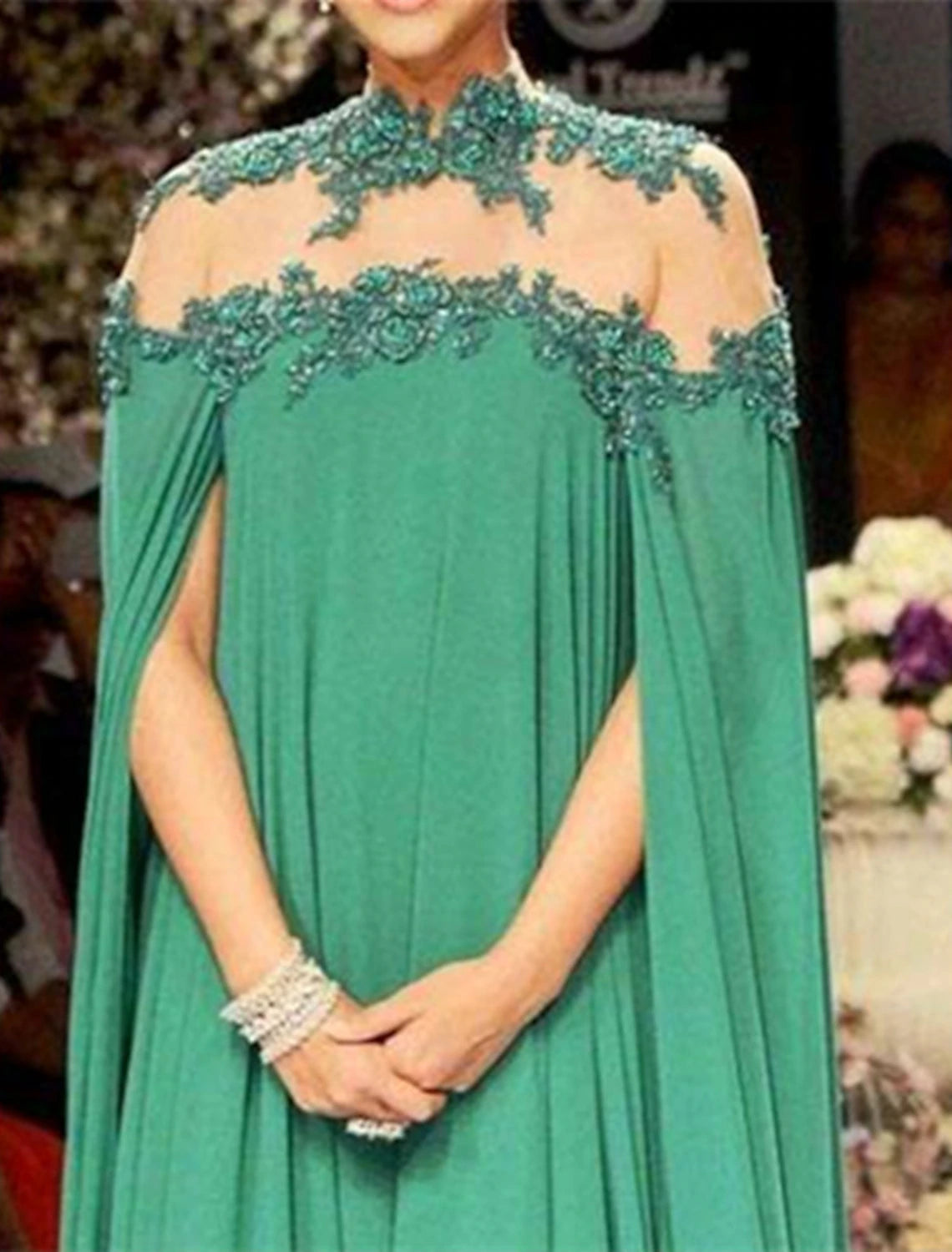 A-Line Evening Gown Elegant Dress Formal Wedding Guest Red Green Dress Floor Length Sleeveless High Neck Fall Wedding Guest Chiffon