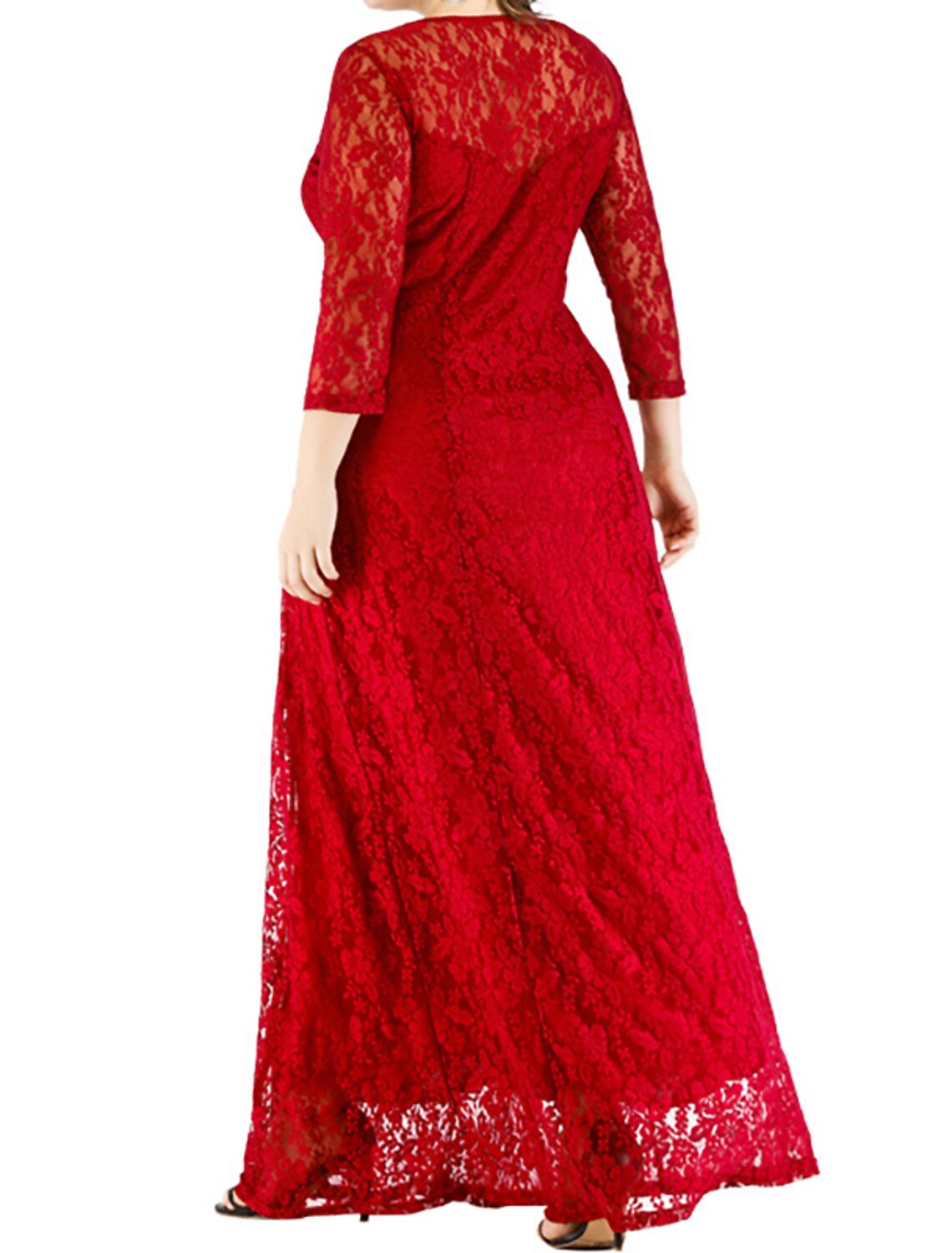 Weitese Femmes Grande Taille Courbe Robe De Soirée Robe En Dentelle Couleur Unie Col Rond Dentelle 3 4 Longueur Manches Printemps Automne Décontracté Robe De Bal Maxi Longue Robe De Soirée Décontractée Robe