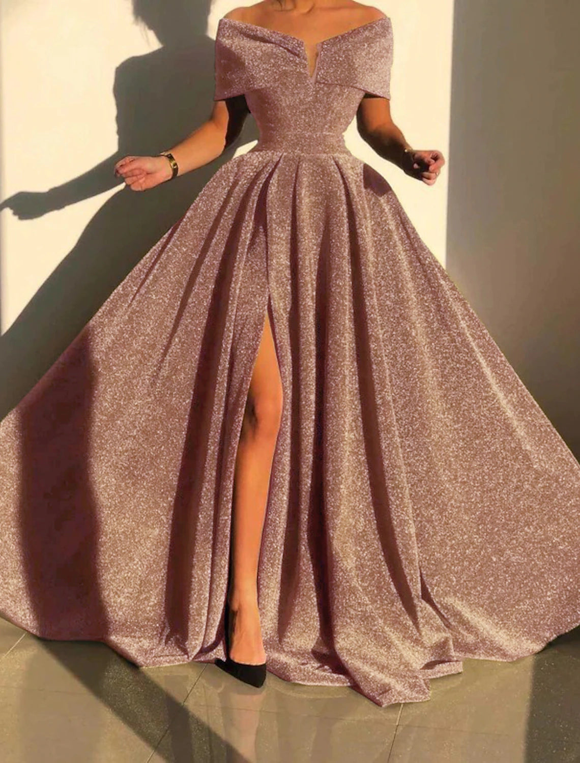 A-Line Evening Gown Sparkle & Shine Dress Formal Fall Court Train Sleeveless Off Shoulder Sequined