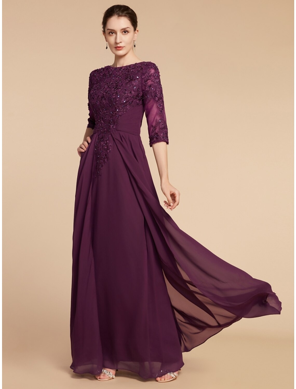 Weitese Sheath / Column Mother of the Bride Dress Wedding Guest Elegant Scoop Neck Floor Length Chiffon Lace Half Sleeve with Pleats Sequin