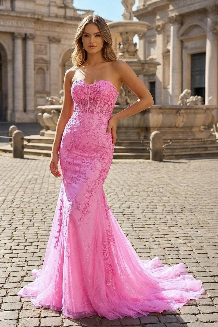 Pink Lace & Tulle Mermaid Sweetheart Lace-Up Back Floor-Length Dress