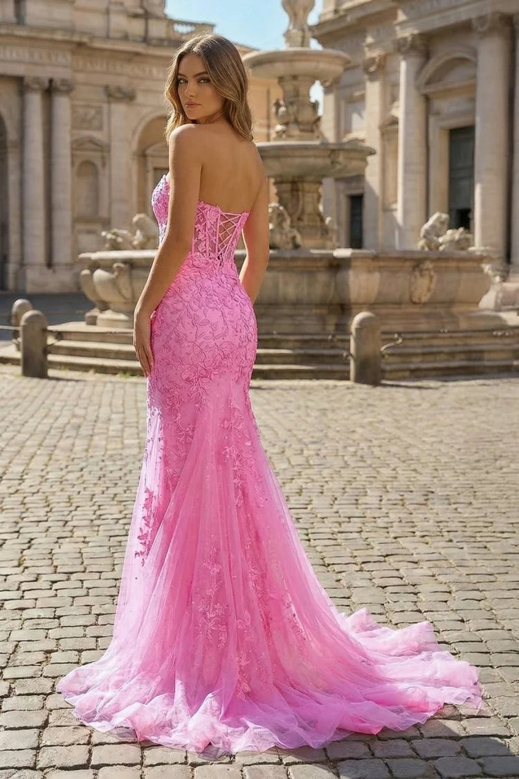 Pink Lace & Tulle Mermaid Sweetheart Lace-Up Back Floor-Length Dress