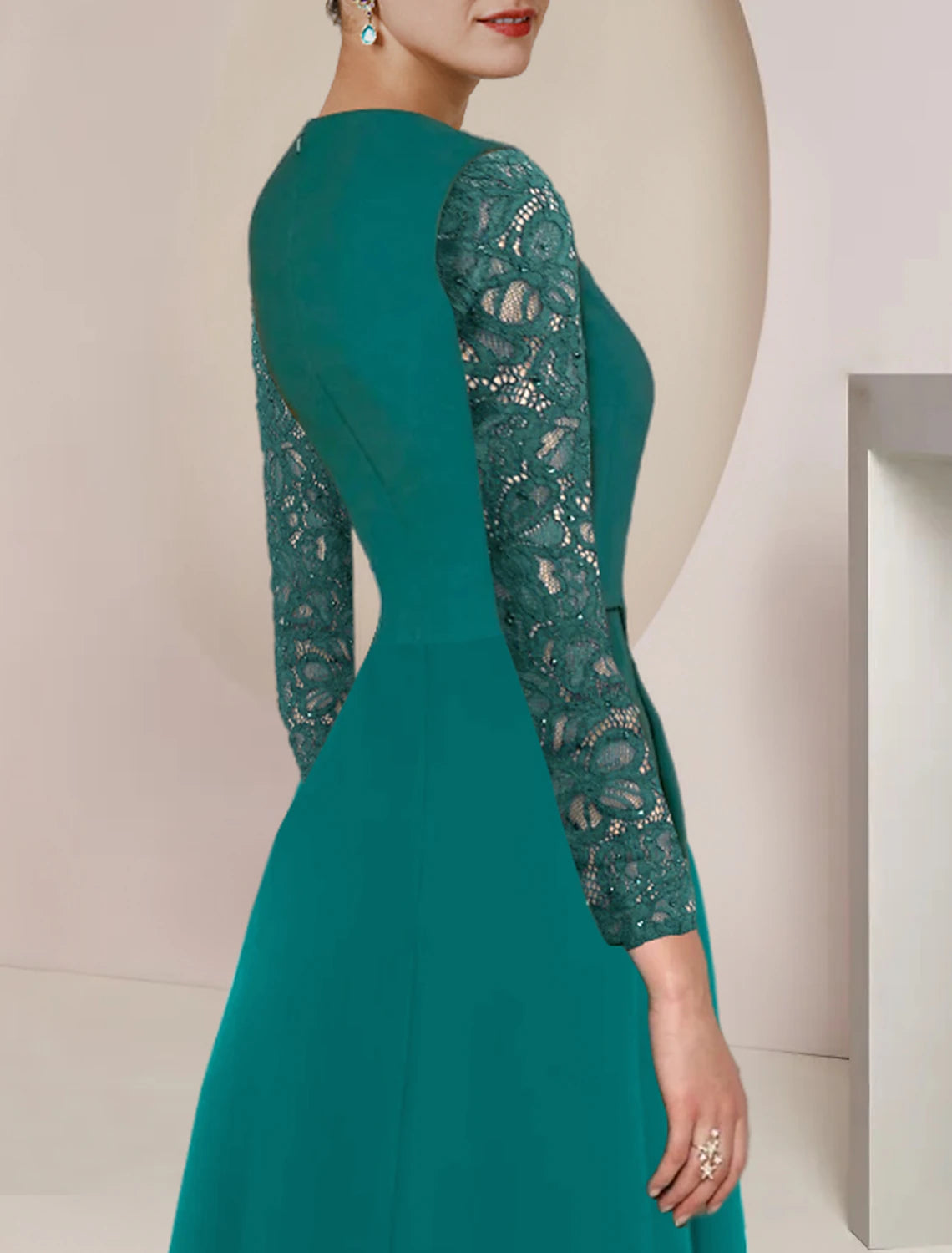 Weitese Jumpsuit / Pantsuit Mother of the Bride Dress Formal Wedding Guest Elegant V Neck Floor Length Chiffon Lace Long Sleeve with Ruching