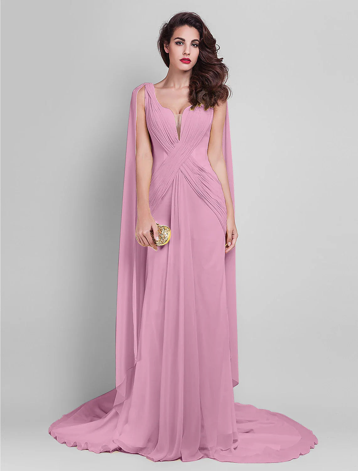 Evening Dress Wedding Guest Prom Court Train Sleeveless Plunging Neck Georgette V Back with Criss Cross Side Draping