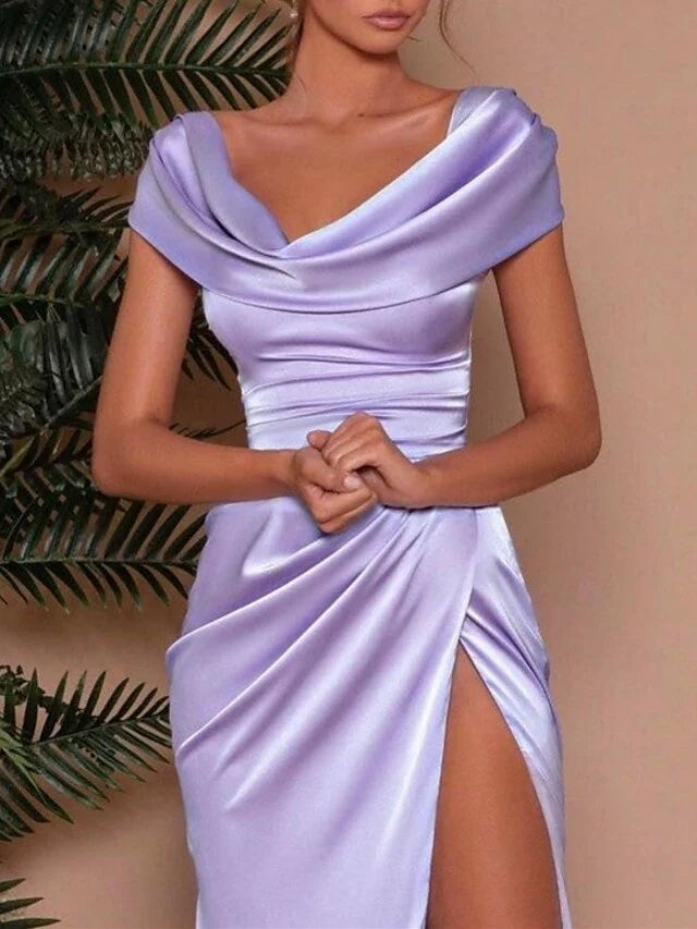 Sheath/Column Round Neck Floor-Length Prom Dresses with Side fork