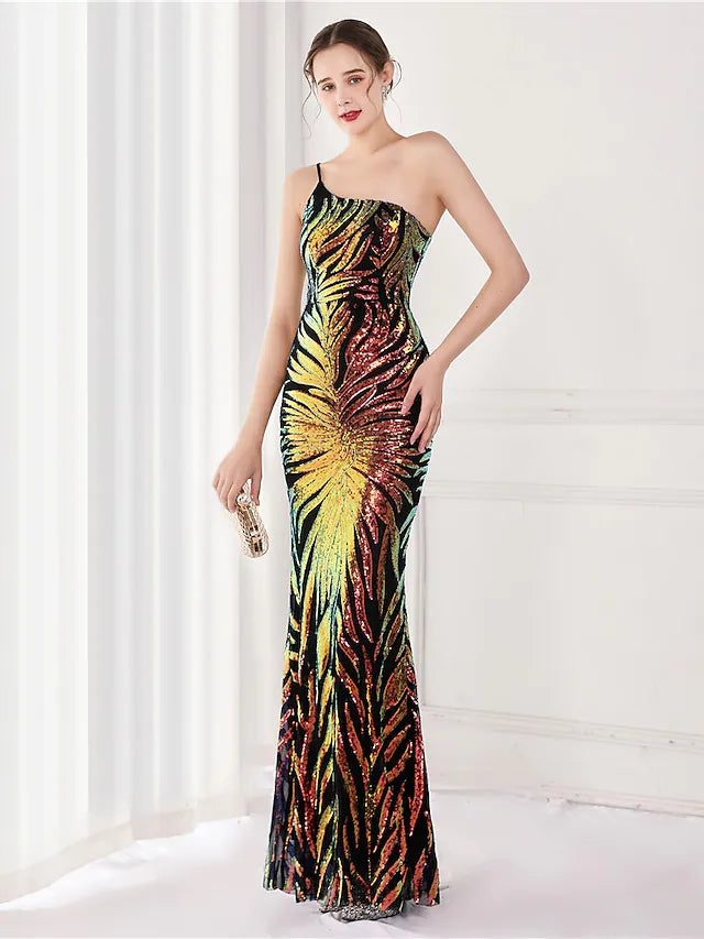 Evening Gown Elegant Dress Wedding Guest Floor Length Sleeveless One Shoulder Sequined V Back