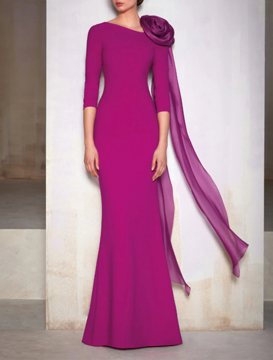 Mermaid / Trumpet Evening Gown Floral Dress Formal Wedding Party Dress Floor Length 3/4 Length Sleeve Jewel Neck Stretch Chiffon