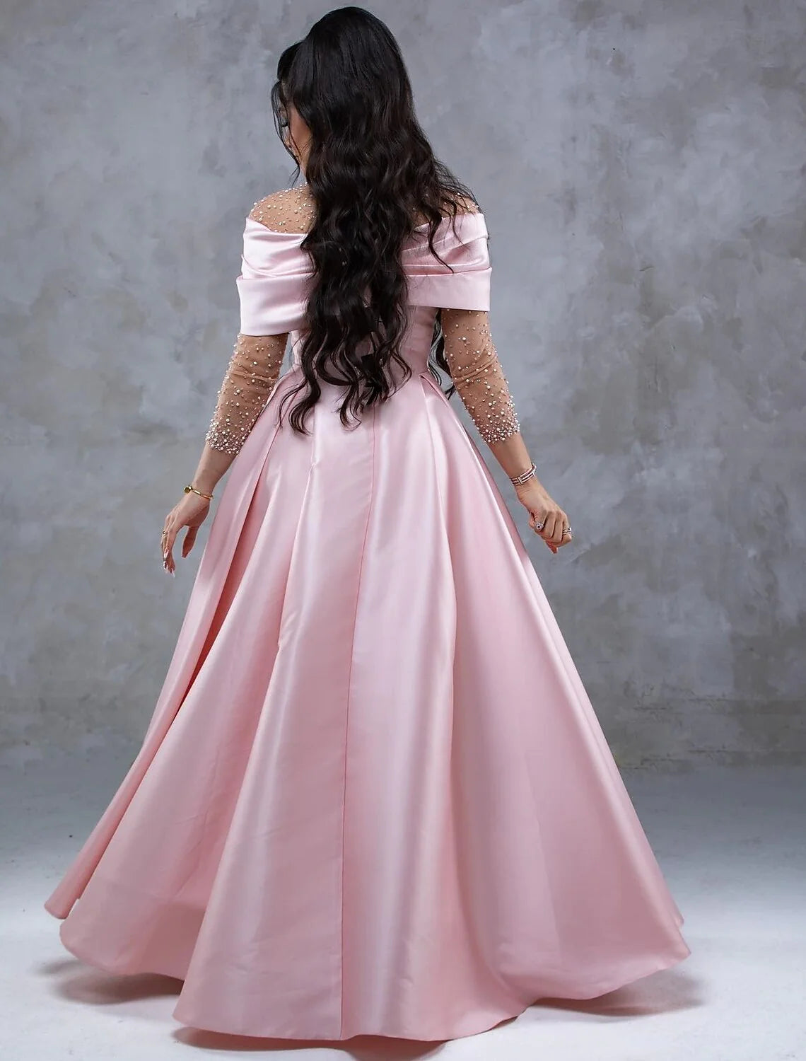 Evening Gown Elegant Dress Formal Prom Floor Length Short Sleeve Sweetheart Satin with Ruched Pearls Crystals