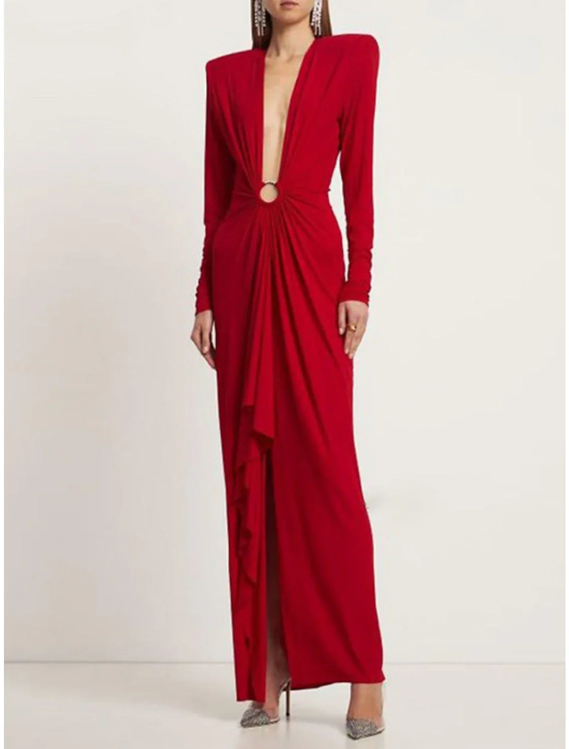 Evening Gown Elegant Dress Formal Ankle Length Christmas Red Green Dress Long Sleeve V Neck Stretch Chiffon with Pleats Slit