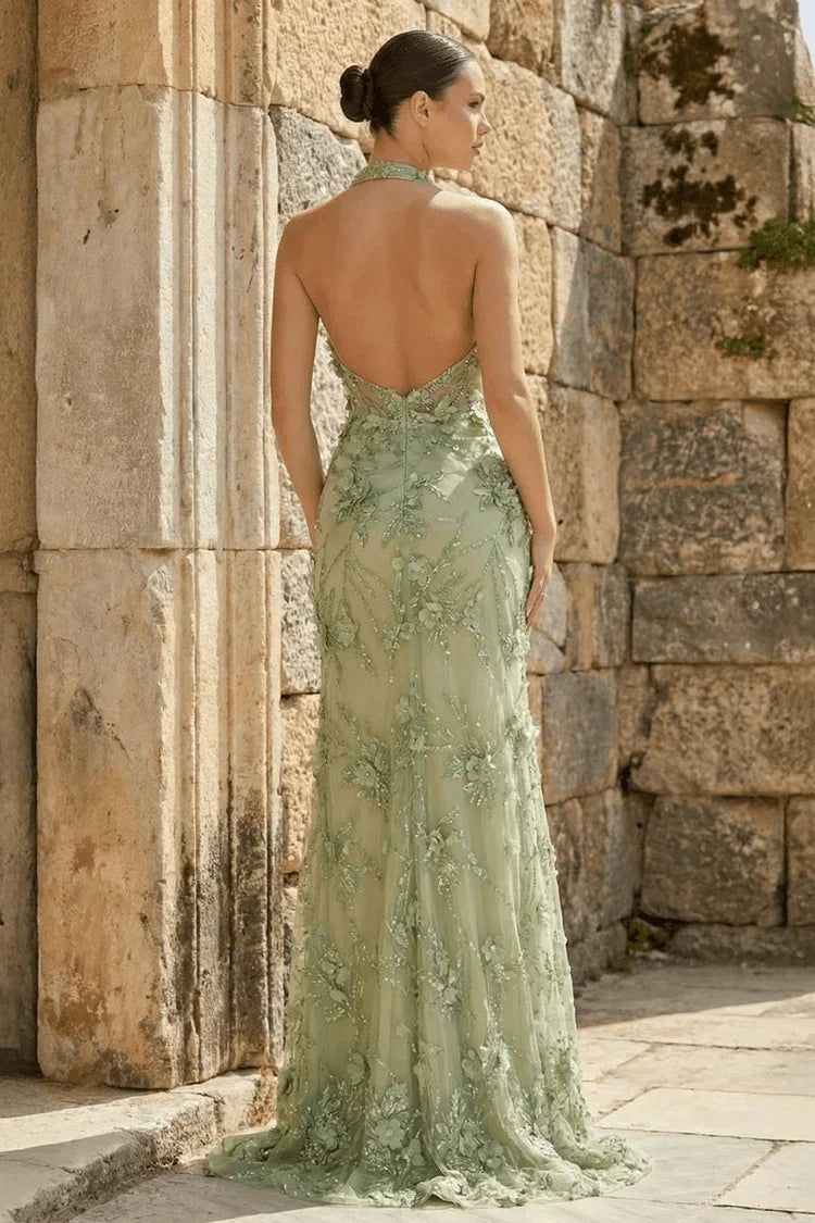 Sage Green Sequin Mesh Sheath Halter Open Back Floor-Length Dress