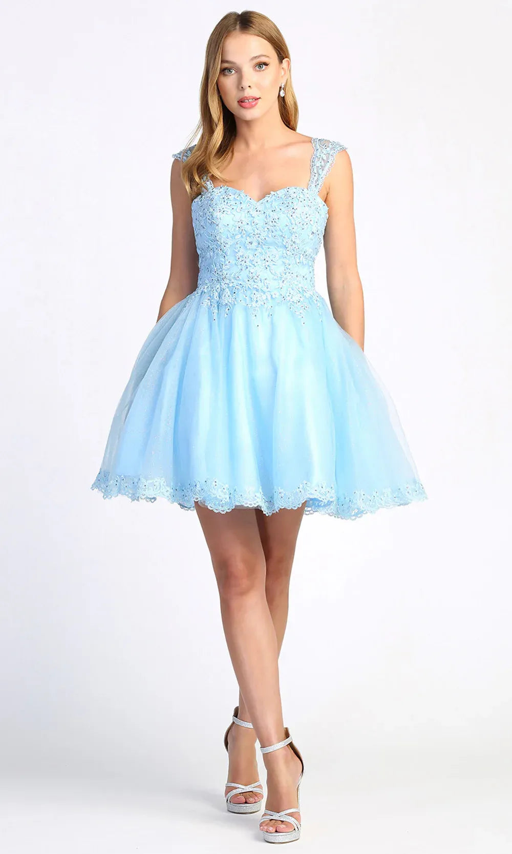 Beautiful A-Line Sweetheart Cap Sleeve Glittery Lace Embroidered Silver Short Homecoming Dress