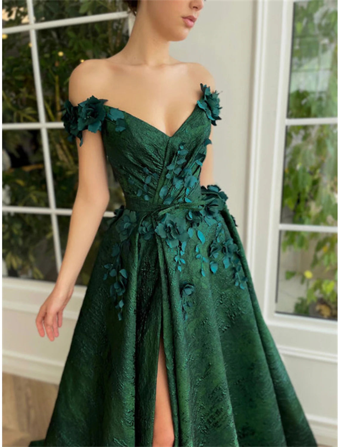 A-Line Evening Dresses Floral Dress Wedding Guest Wedding Party Court Train Sleeveless Off Shoulder Satin