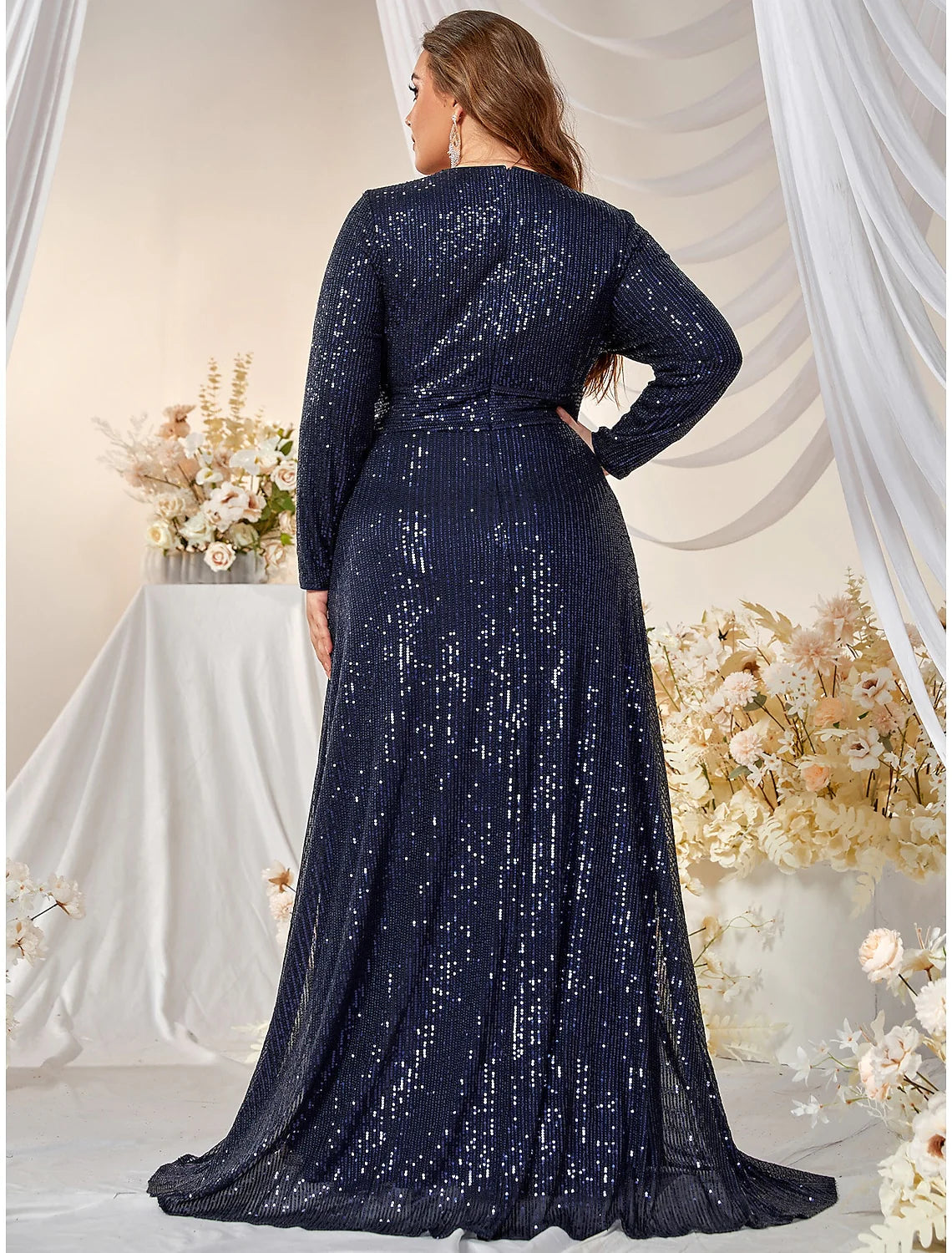 Robe de soirée grande taille, robe de mariée formelle, traîne à balayage/pinceau, manches longues, col en V, polyester avec fente à paillettes