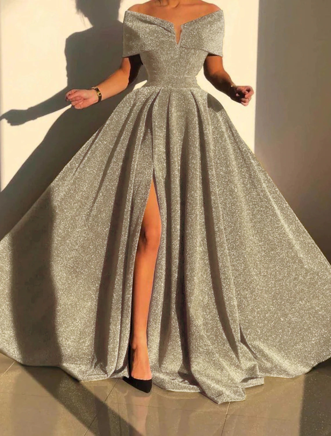 A-Line Evening Gown Sparkle & Shine Dress Formal Fall Court Train Sleeveless Off Shoulder Sequined