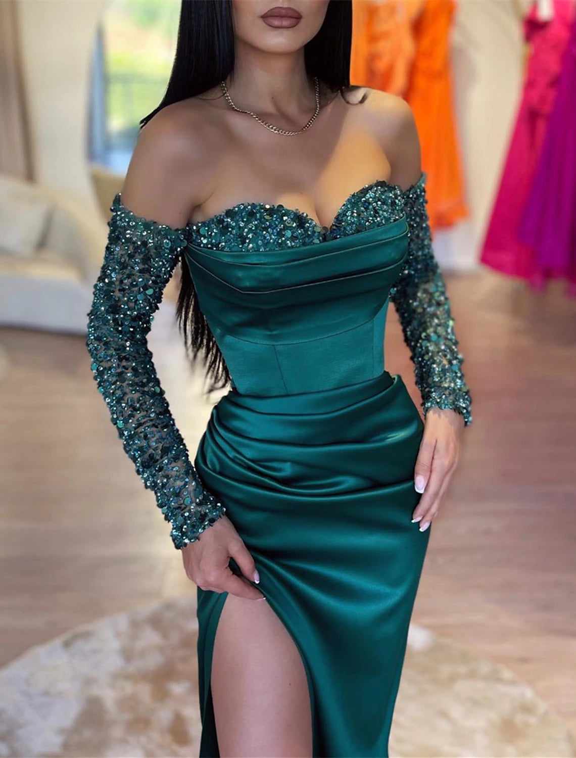 Mermaid Dress Evening Gown Red Green Dress Formal Masquerade Sweep / Brush Train Long Sleeve Off Shoulder Sequined