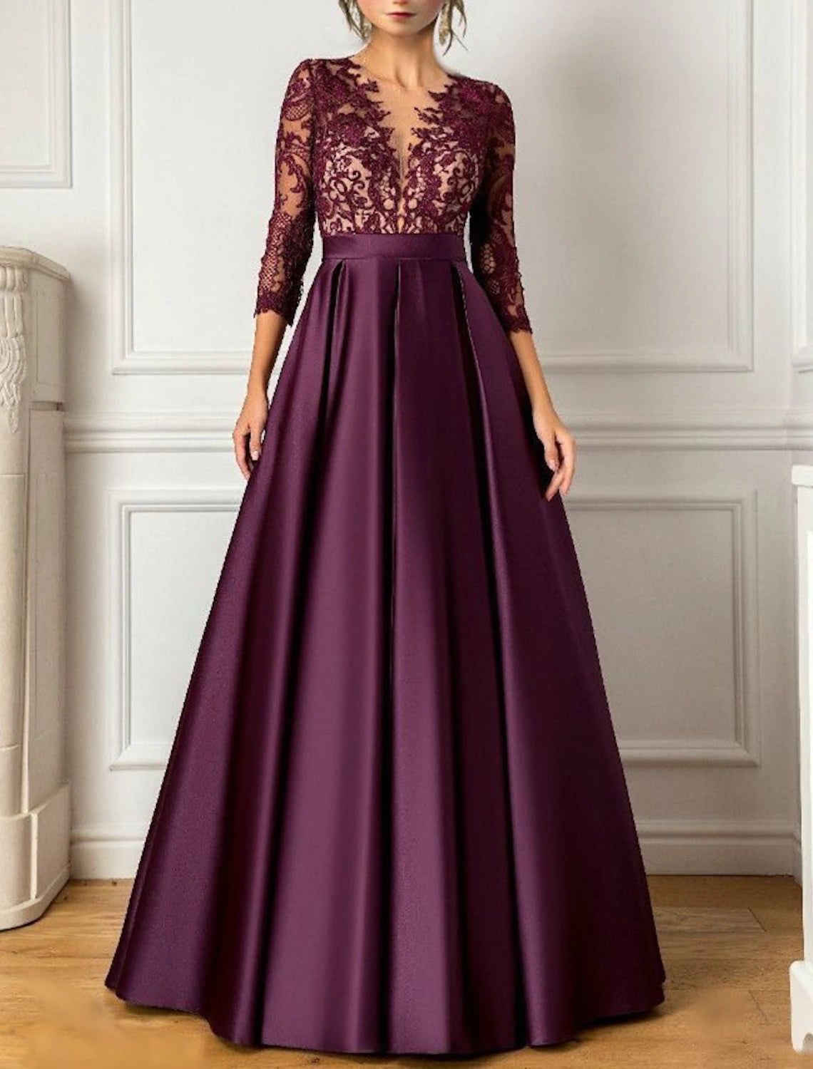 A-Line Evening Gown Elegant Dress Formal Wedding Guest Floor Length 3/4 Length Sleeve V Neck Satin