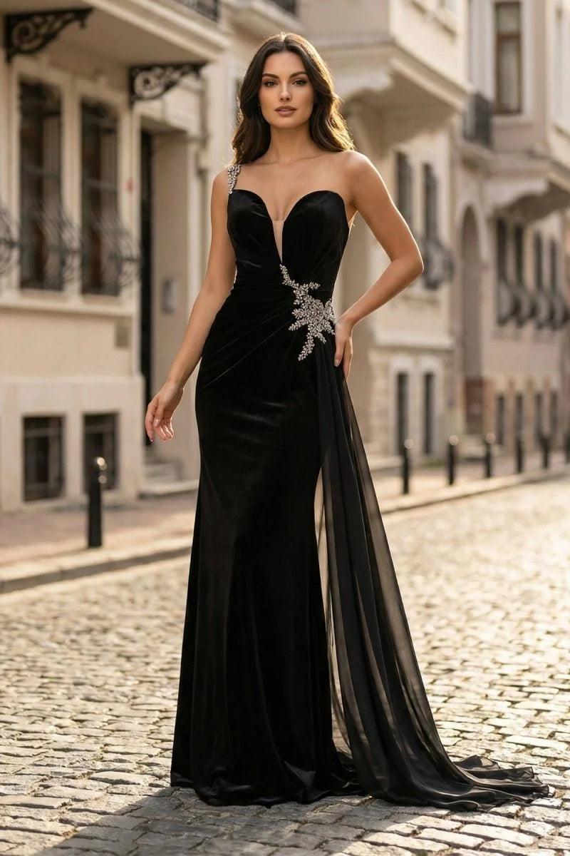 Black Velvet Mermaid One Shoulder Lace-Up Back Floor Length Dress