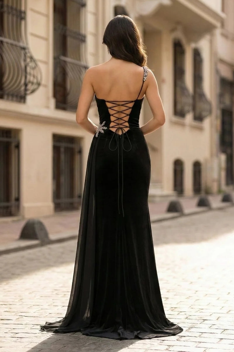 Black Velvet Mermaid One Shoulder Lace-Up Back Floor Length Dress