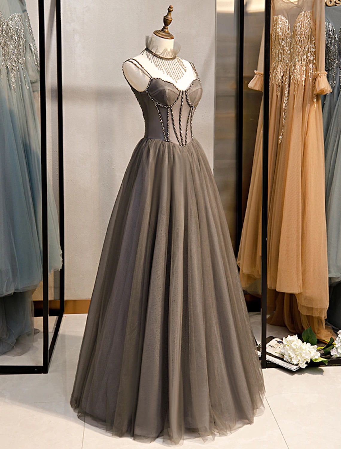 A-Line Evening Dresses Open Back Dress Formal Wedding Guest Floor Length Sleeveless Spaghetti Strap Tulle