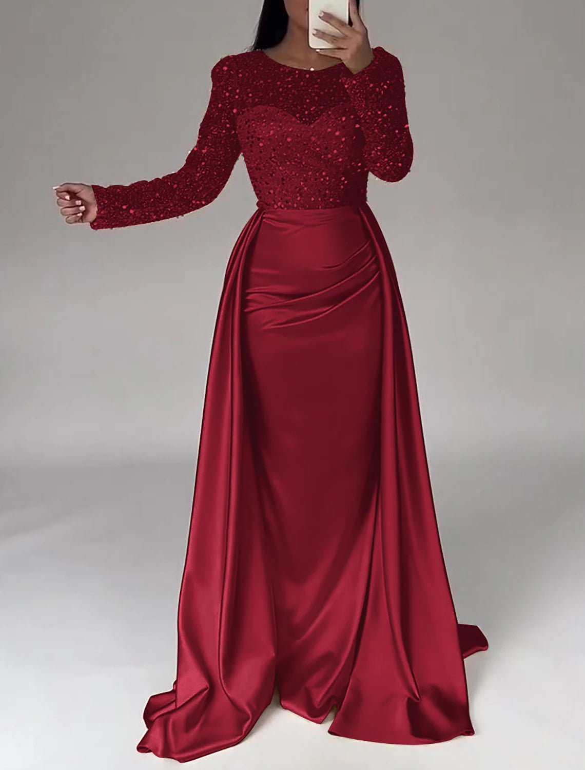 Mermaid Sequin Evening Gown Ruched Satin Dress Long Sleeves Floor Length Sparkle Illusion Neck Prom Wedding Guest Dress