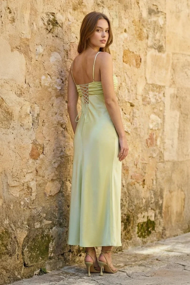 Sage Green Satin Sheath Sweetheart Lace-Up Back Ankle-Length Dress