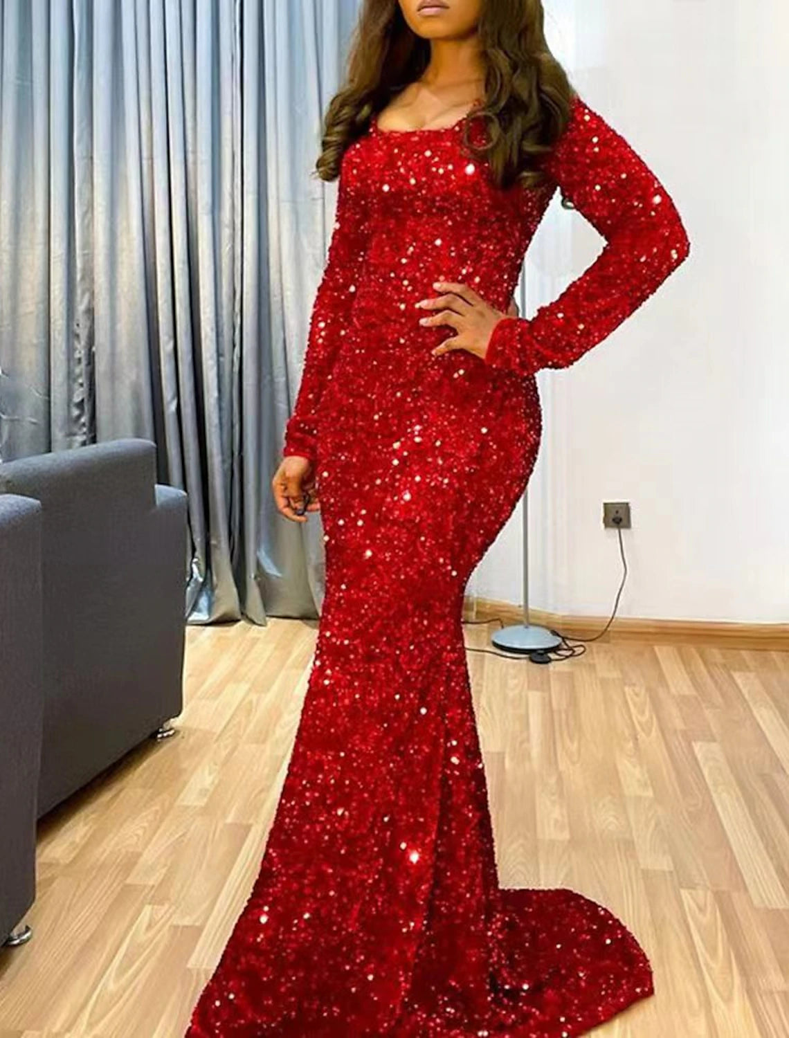 Mermaid Evening Gown Sparkle Red Green Dress Dress Formal Wedding Guest Sweep / Brush Train Long Sleeve Scoop Neck Sequined